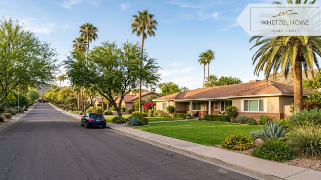 A picturesque street-level view of a peaceful suburban neighborhood in the desert. Mature palm trees and large shade trees lining wide streets. A classic ranch-style house with a sprawling green front yard. Warm afternoon sunlight, photorealistic, serene mood, natural colors, no text, no watermarks.