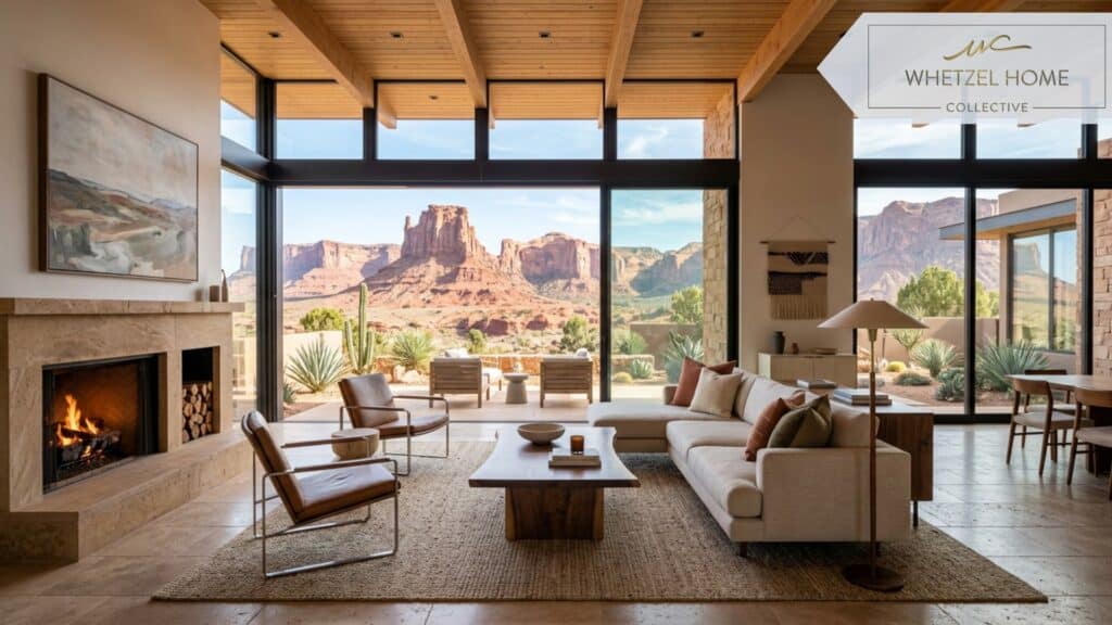 A detailed interior shot of a desert modern luxury living room. Floor-to-ceiling glass windows look out onto spectacular red sandstone rock formations under a clear blue sky. Minimalist modern furniture, neutral tones, exposed wooden ceiling beams, natural stone tile flooring, bright natural lighting pouring in, photorealistic, high resolution.