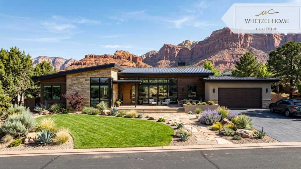 A beautiful single-family modern ranch-style home in Utah, landscaped front yard with desert-friendly plants and a green lawn, red rock bluffs in the background, bright sunny day, photorealistic architectural photography