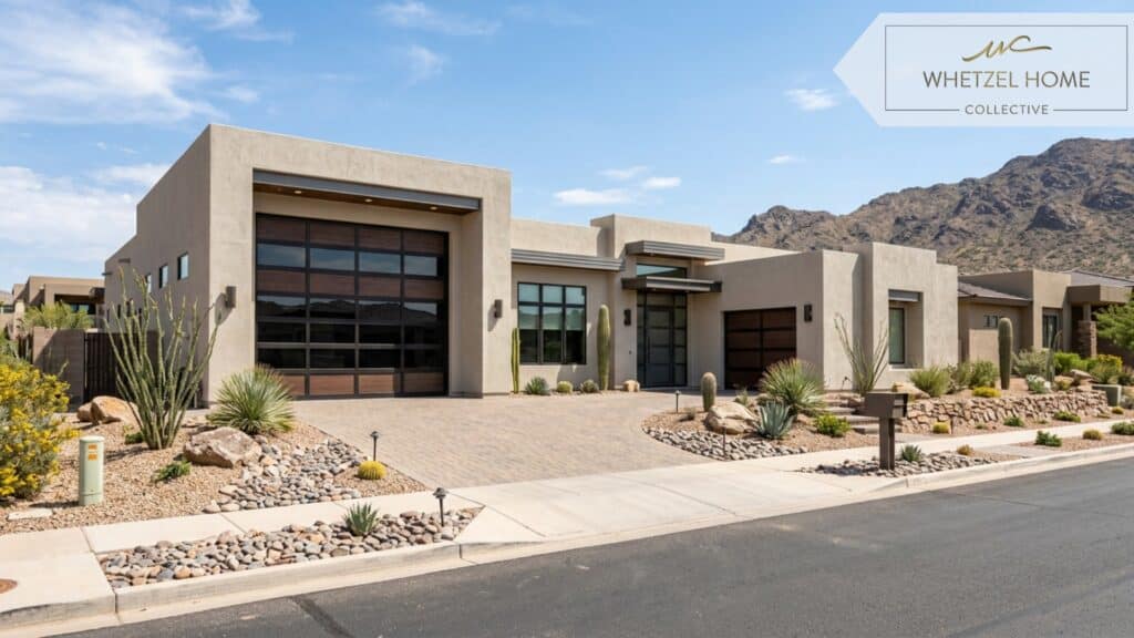 A street-level architectural photograph of a modern desert home featuring a prominent, spacious attached RV garage, low-profile stucco exterior, flat roof, and pristine zero-scape landscaping with decorative rocks and native desert plants, bright natural daylight, photorealistic style.