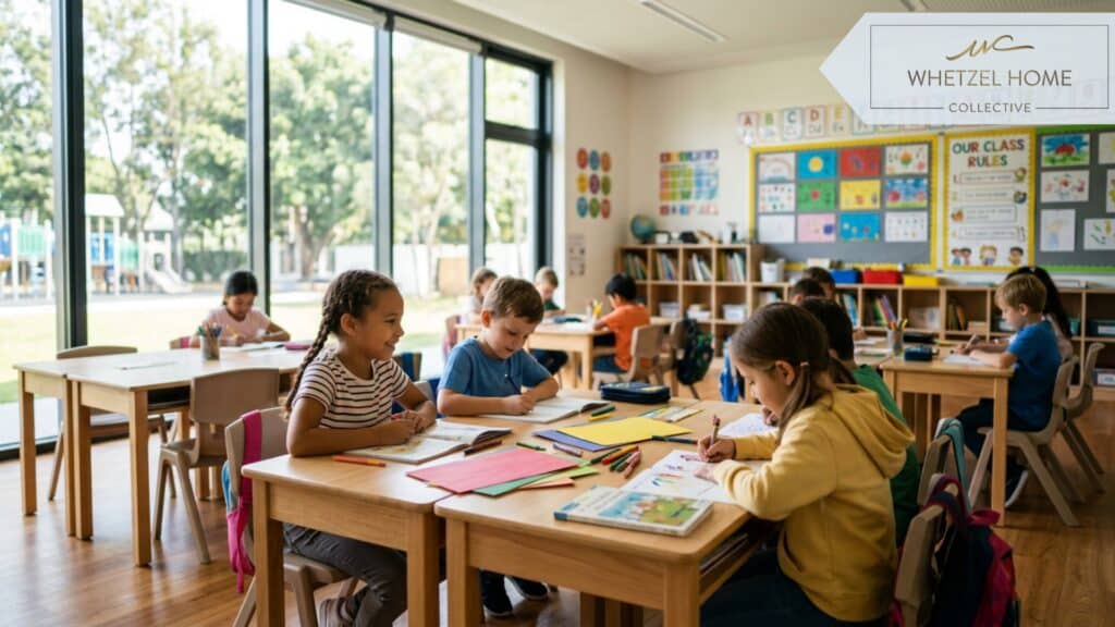 A bright, modern elementary school classroom with large windows letting in natural sunlight, colorful educational posters slightly blurred in the background, clean wooden student desks arranged in collaborative pods, photorealistic, shallow depth of field.