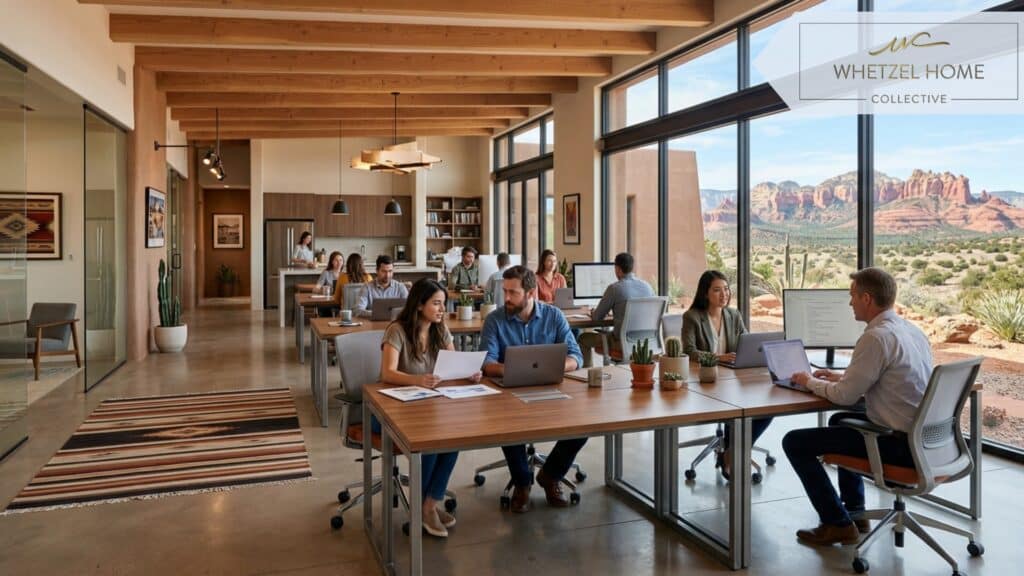 A bright, modern open-concept office space in a southwestern style, large floor-to-ceiling windows revealing distant red rock mesas. Professionals collaborating at minimalist desks, soft natural daylight illuminating the room, clean lines, photorealistic, professional corporate atmosphere.