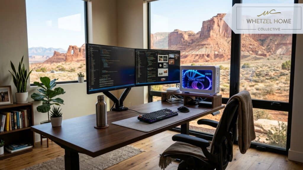 A modern, well-lit home office setup featuring a sleek desk with dual monitors, an ergonomic desk chair, and a high-tech glowing fiber-optic router. In the background, a large window reveals the iconic red rock formations of southern Utah. Photorealistic style, warm natural lighting, professional atmosphere.