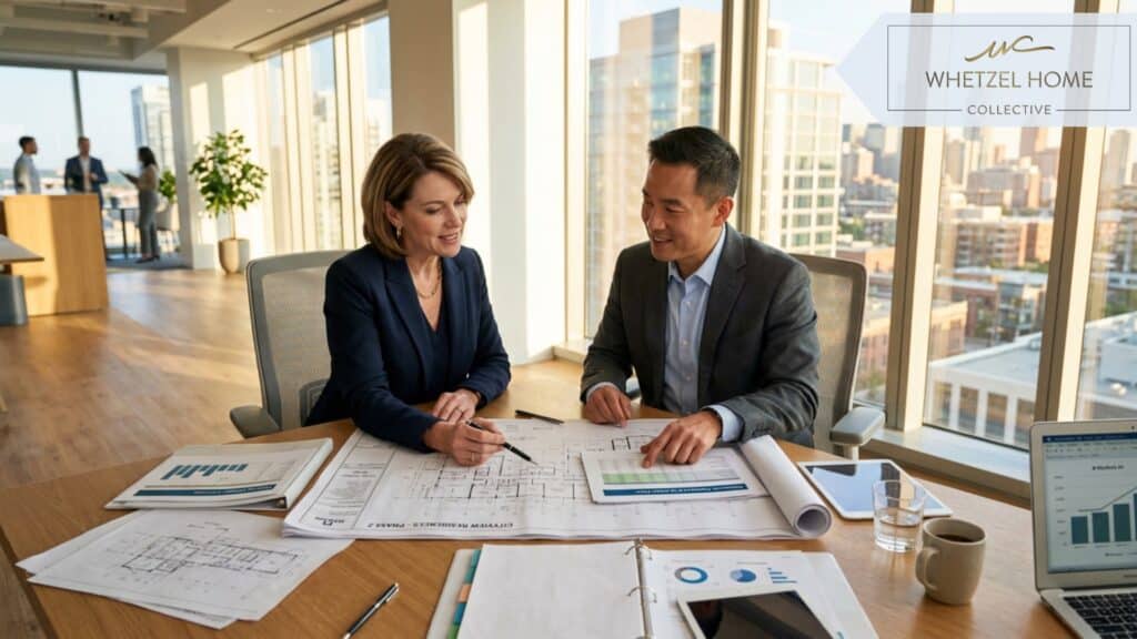 Two professional business partners reviewing architectural blueprints and financial documents at a modern conference table, bright natural lighting pouring through large windows, photorealistic style, warm tones.