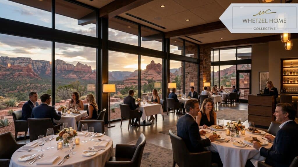 An elegant fine dining restaurant interior featuring floor-to-ceiling windows that look out onto a dramatic red rock desert landscape, sophisticated modern decor, warm lighting, diners enjoying meals at neatly set tables, photorealistic, architectural photography style.