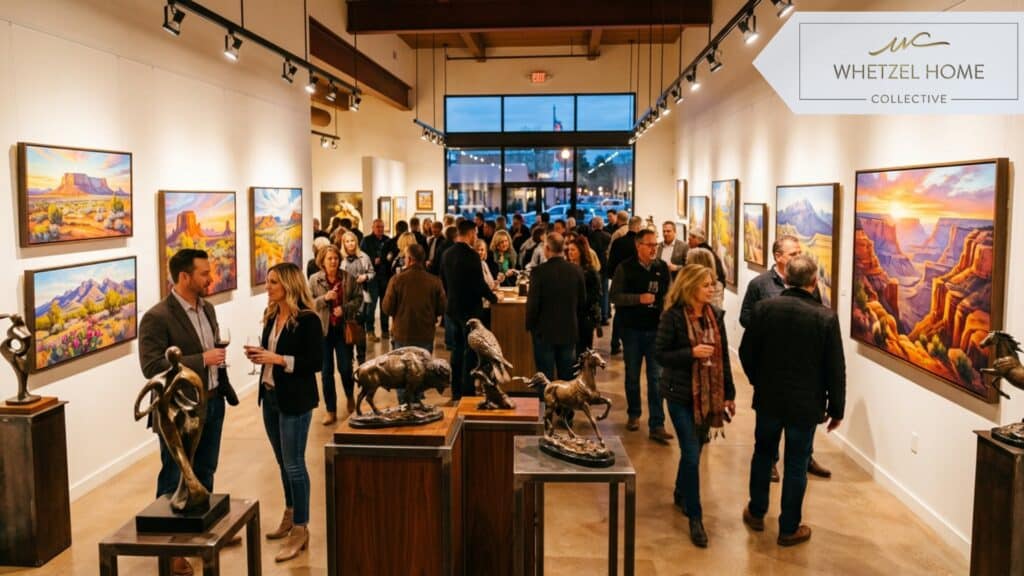 A bright, modern fine art gallery interior featuring southwestern landscape paintings and contemporary bronze sculptures, with visitors mingling during an evening art stroll, warm track lighting, elegant atmosphere, photorealistic.
