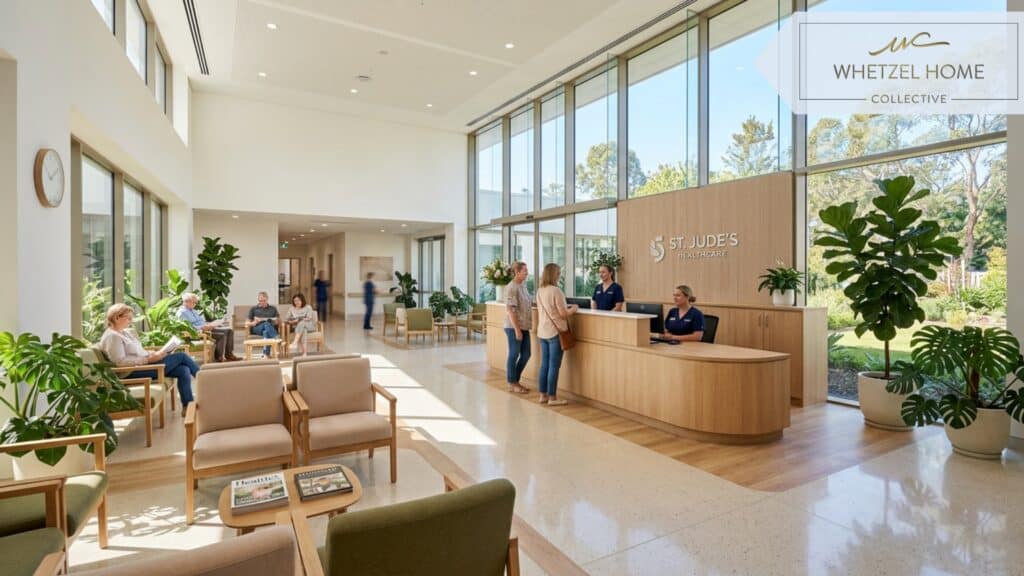 A bright, modern hospital reception area with comfortable minimalist seating, large floor-to-ceiling windows letting in natural sunlight, lush indoor plants, clean sterile design, photorealistic, professional healthcare setting, warm color palette.
