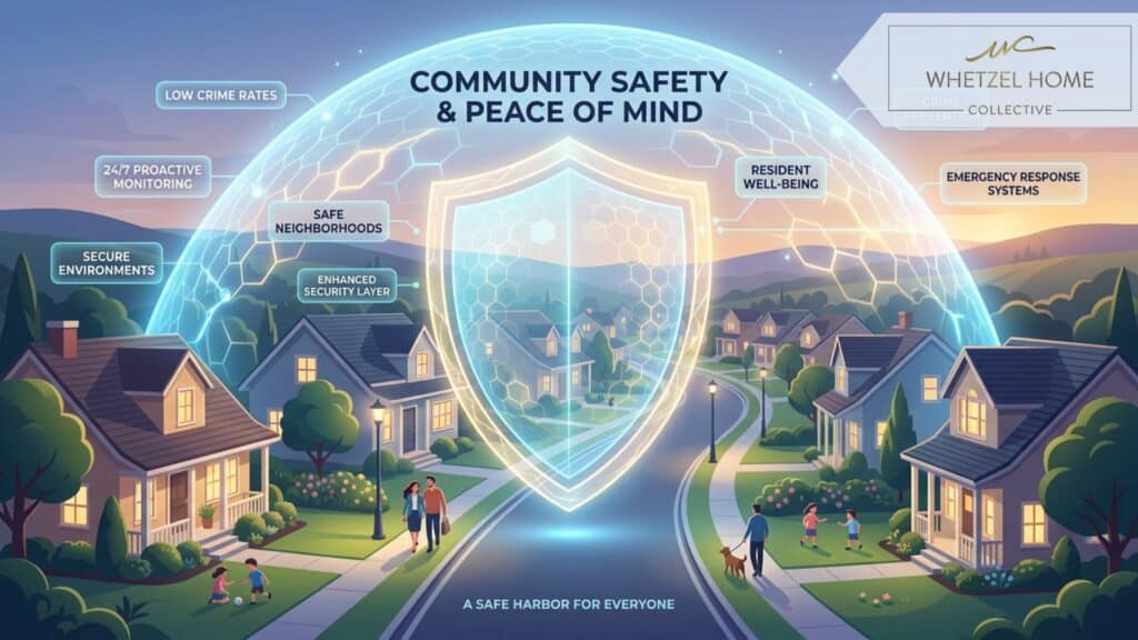 A detailed infographic-style conceptual image showing a glowing translucent security shield over a serene residential street, symbolizing community safety, peace of mind, and low crime rates. Cinematic lighting, soft blue and gold tones, modern vector 3D illustration style, highly detailed.