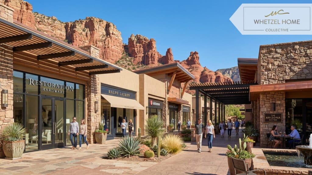 A photorealistic view of an upscale outdoor commercial center in a desert climate, featuring natural stone facades, shaded walkways, and modern storefronts. In the background, majestic red rock cliffs rise under a clear blue sky. Crisp midday sunlight, highly detailed architectural elements, warm earth tones, luxury lifestyle mood.