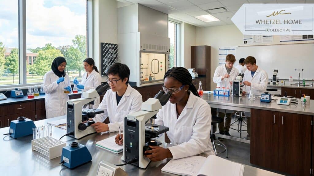 A vibrant, state-of-the-art high school science laboratory. Diverse high school students are looking through modern microscopes and conducting experiments. Bright natural light streaming through large windows, clean metallic surfaces, photorealistic style, educational atmosphere, high depth of field.