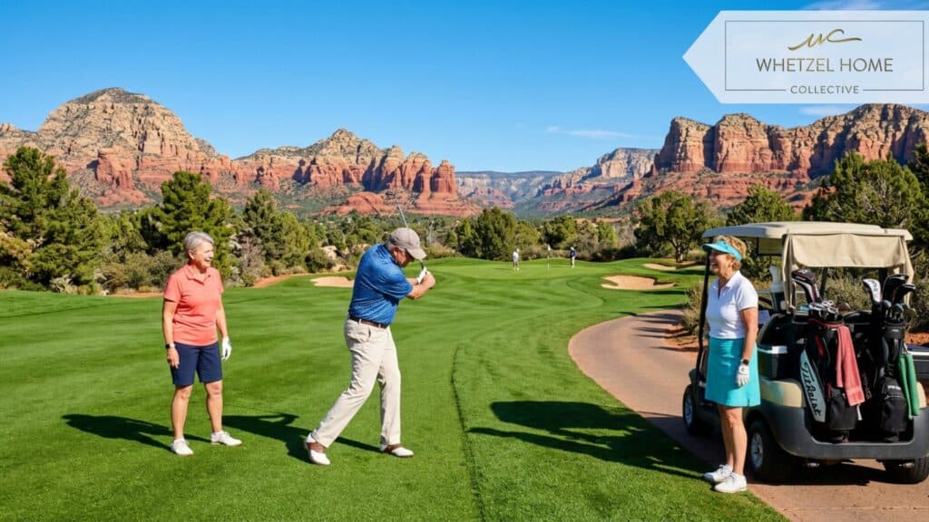 Active seniors enjoying a round of golf on a lush green golf course, dramatic red rock canyons in the background, clear sunny winter sky, photorealistic style, vibrant lifestyle photography, bright and cheerful mood.