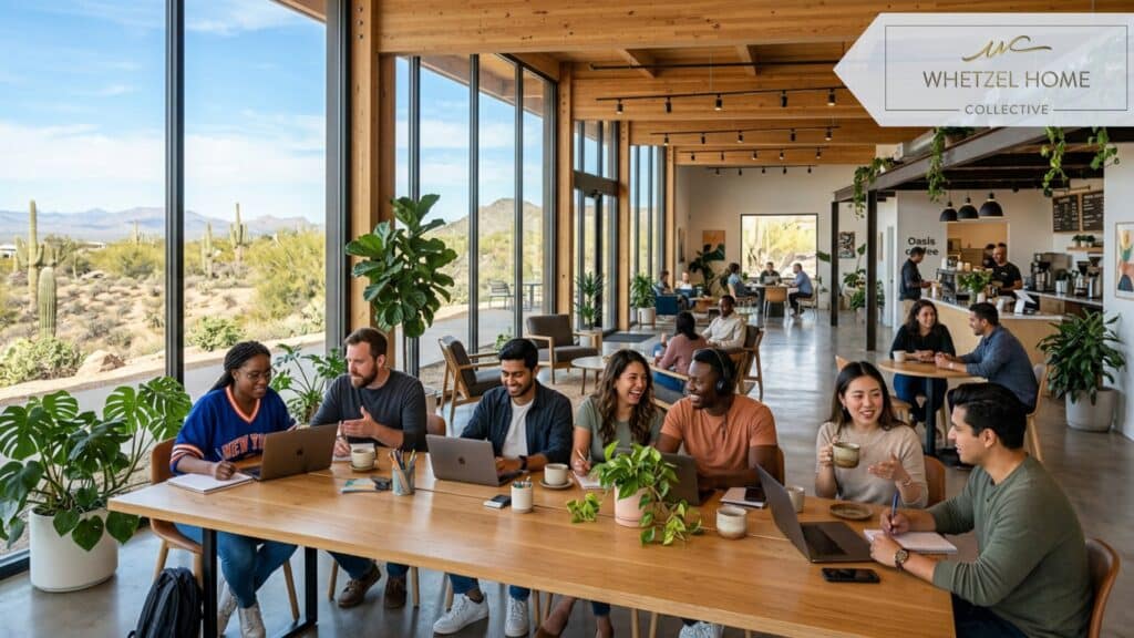 A bright, naturally lit modern co-working space interior. Large floor-to-ceiling windows showing a desert landscape outside. Inside, diverse young professionals in their 20s and 30s are collaborating at sleek wooden desks with laptops, sipping artisanal coffee. Minimalist decor, indoor plants, photorealistic style, vibrant but professional mood.