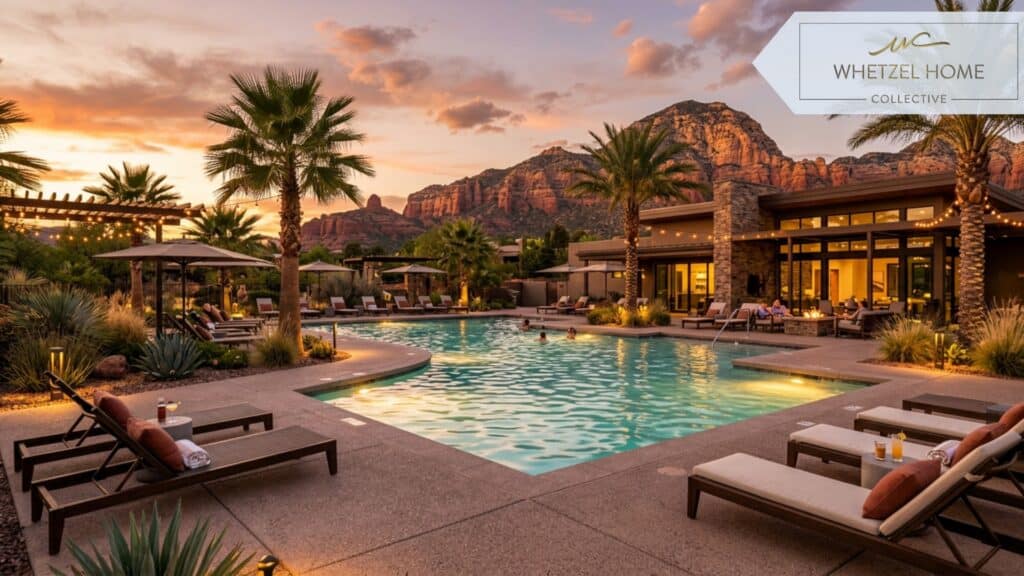 A photorealistic view of a modern luxury community center pool area at sunset, featuring a large resort-style swimming pool, comfortable lounge chairs, smooth concrete decking, desert palm trees, red rock mountains in the distance, warm ambient lighting, highly detailed, inviting atmosphere.