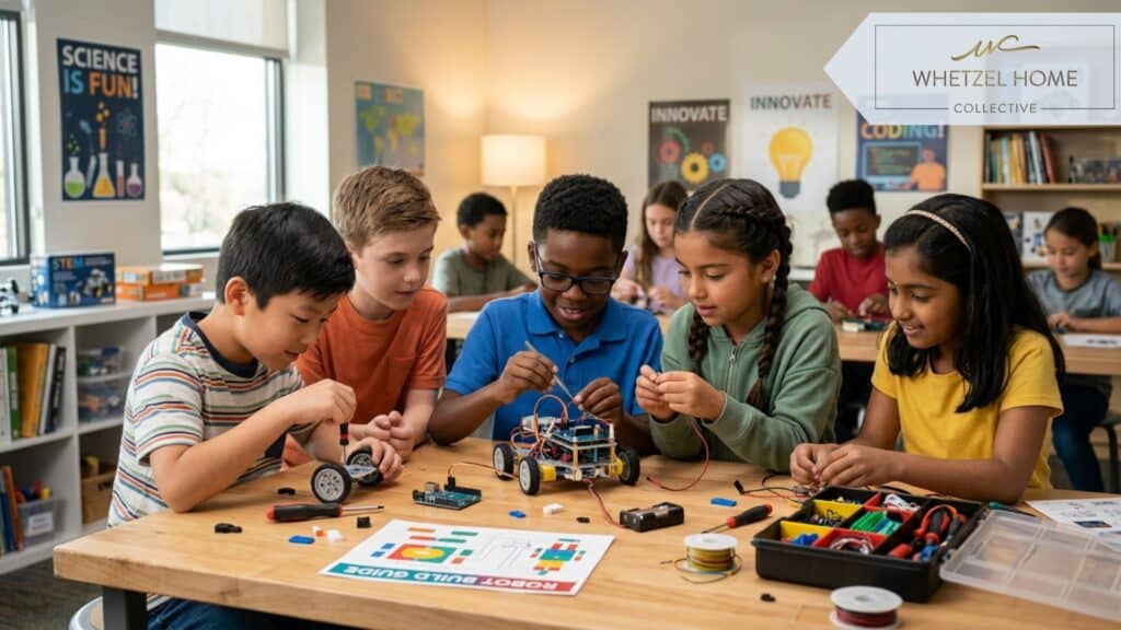 A photorealistic image of diverse elementary school children participating in a brightly lit STEM classroom, building a small robot on a table, soft indoor lighting, focused expressions, modern educational setting, high quality, cinematic composition.