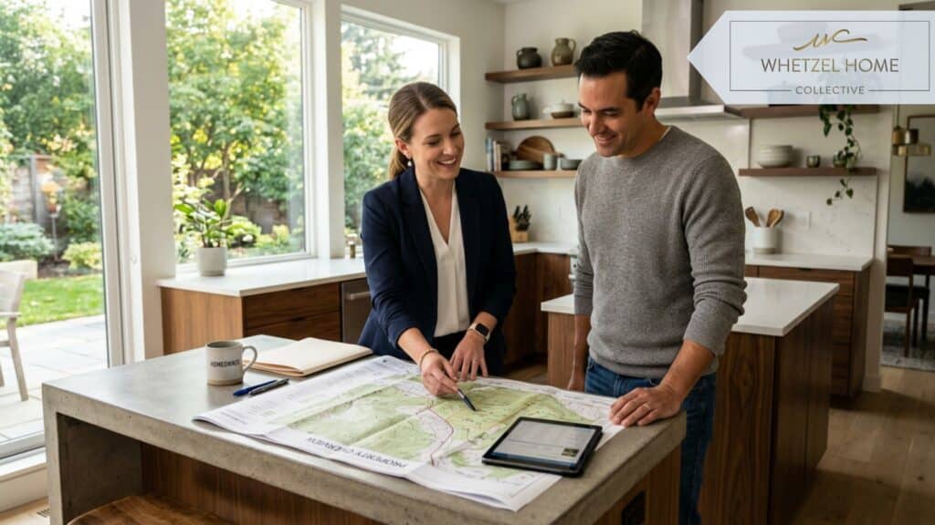 A photorealistic indoor shot of a professional real estate agent and a homeowner standing at a modern kitchen island, reviewing official topographic map documents together, warm natural lighting from large windows, professional and collaborative mood, contemporary kitchen design.