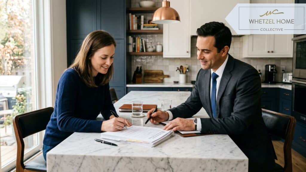 A well-lit, contemporary kitchen setting where a homeowner and a professionally dressed real estate agent are sitting at a marble island, attentively reviewing and signing a stack of legal real estate disclosure documents. Photorealistic, warm ambient lighting, highly detailed faces and expressions.