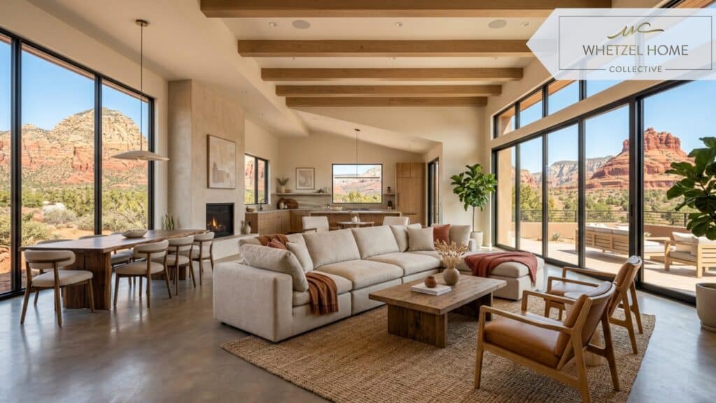 Bright, open-concept living room of a luxury vacation rental, large panoramic windows showing red rock landscapes, modern minimalist furniture, neutral tones with warm accents, natural sunlight, photorealistic interior design, 8k.