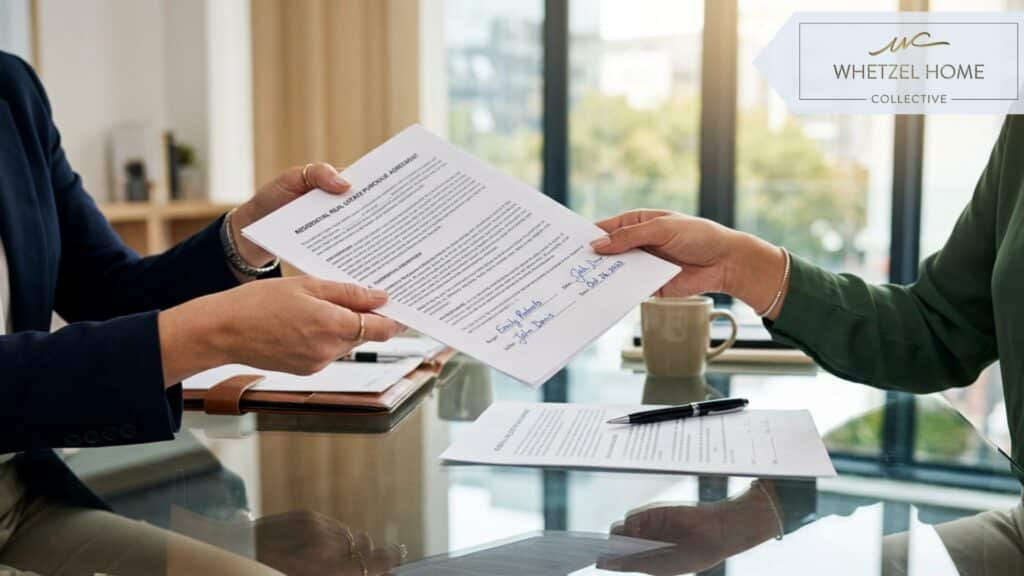 A close-up photorealistic shot of hands passing a signed real estate contract over a modern glass table, sunlight streaming through a nearby window, professional setting, warm tones, high quality.
