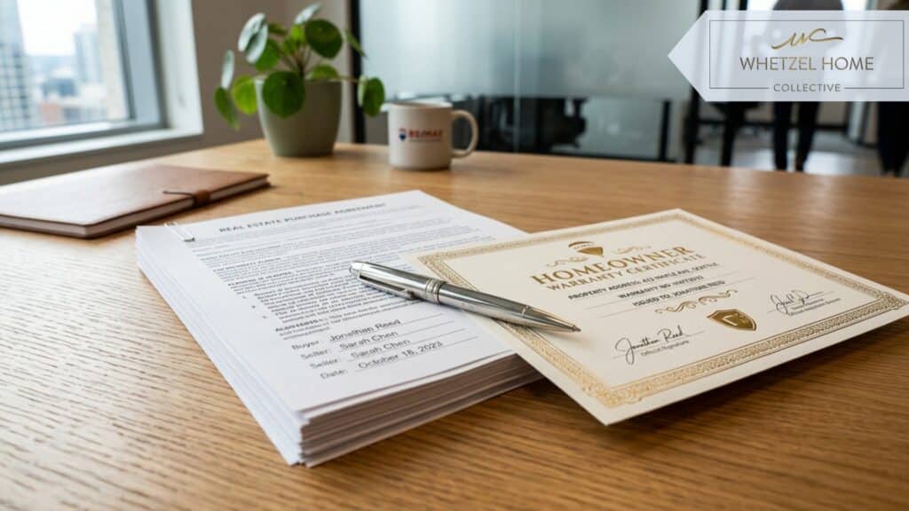 A close-up of a neat stack of real estate contract documents and a stylized warranty certificate on a modern wooden desk, a silver pen resting on top, soft natural window light, professional atmosphere, highly detailed, realistic.
