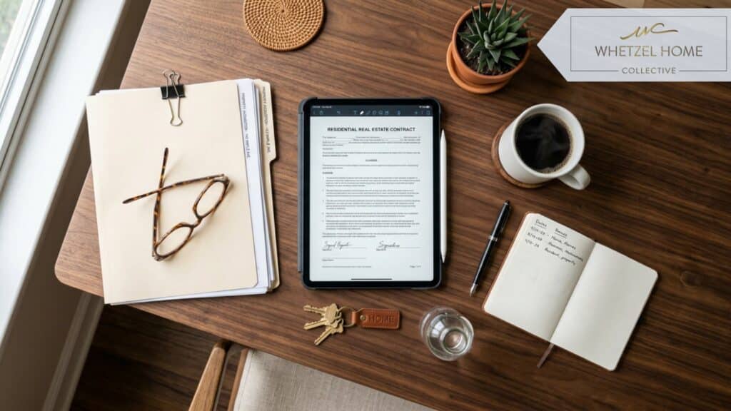 A top-down view of a modern wooden desk with organized real estate documents, a pair of reading glasses, a sleek tablet displaying a digital contract, and a cup of black coffee, soft diffused natural light, highly detailed.
