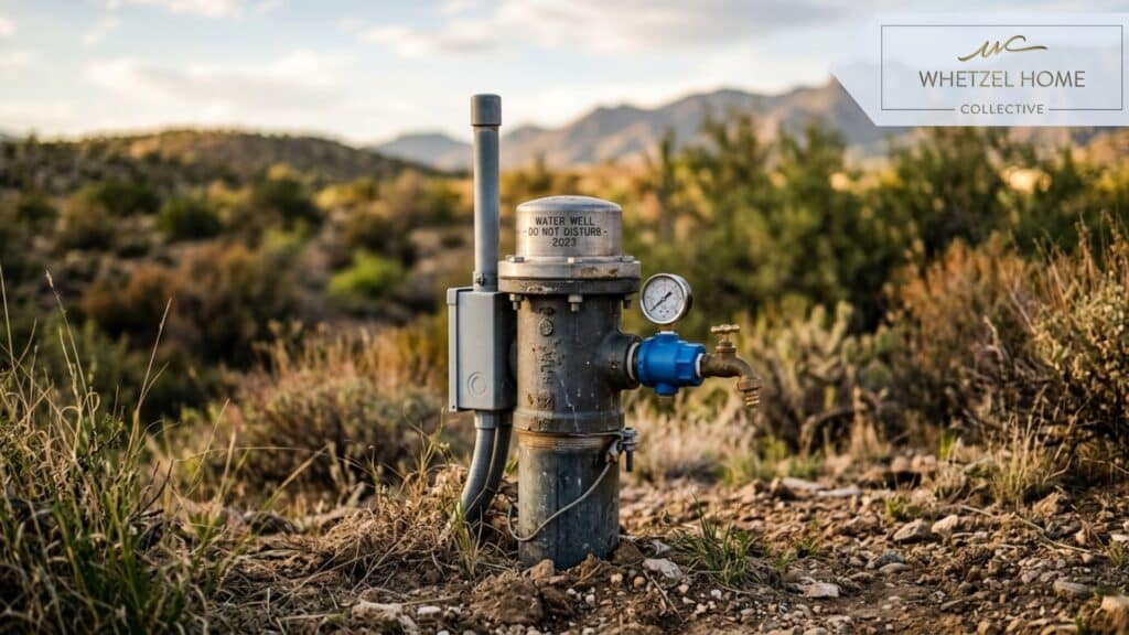 A close-up, highly detailed photorealistic image of a modern, well-maintained residential water well head protruding from the earth in a rugged natural landscape, cinematic lighting, shallow depth of field focusing on the metal casing against soft green and brown desert scrub background.