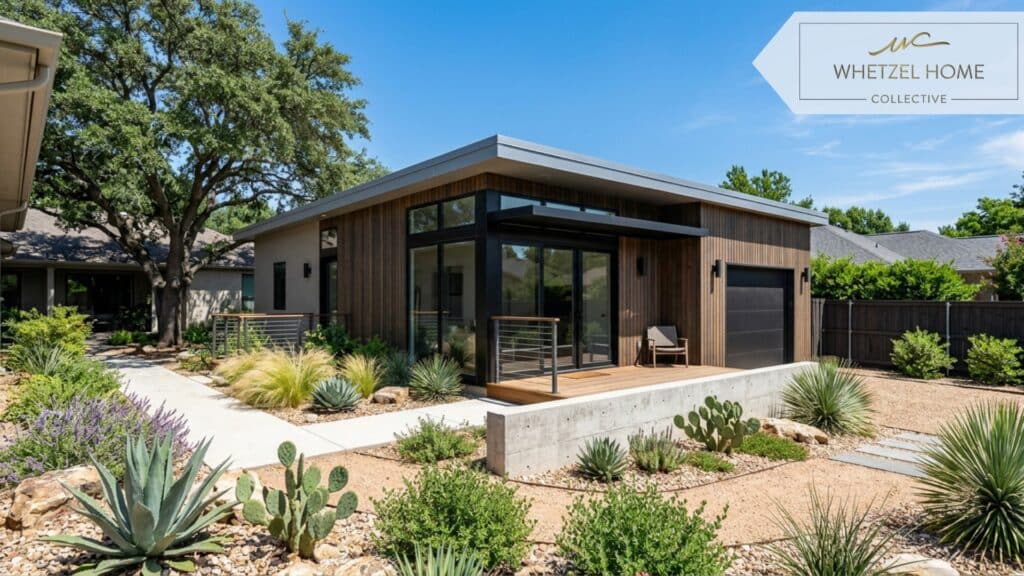A realistic exterior shot of a modern accessory dwelling unit (ADU) built on a firm concrete foundation in a spacious suburban backyard. Desert-friendly xeriscape landscaping around the unit, bright daylight, clear blue sky, photorealistic style, high resolution.