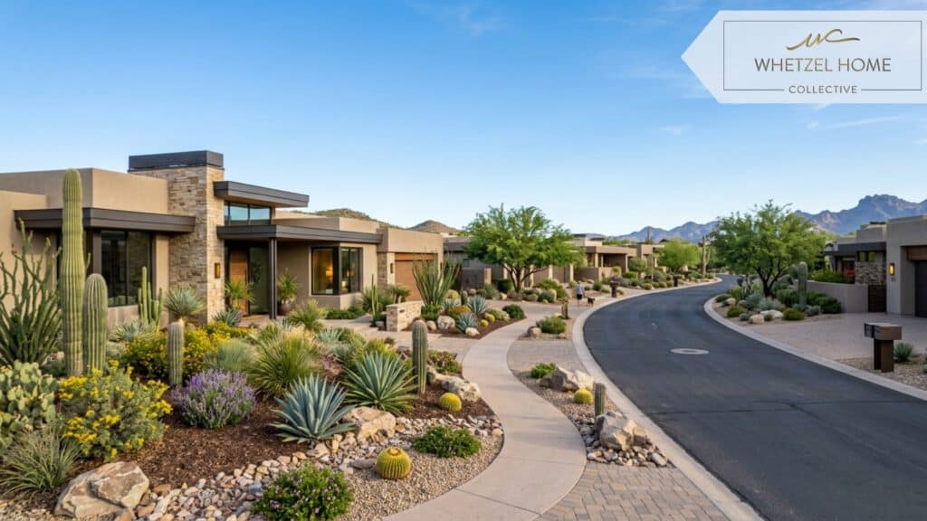 Street-level view of luxury contemporary desert homes with flat roofs and beautiful xeriscaping featuring native cacti and agave, warm neutral tones, clear blue sky, upscale neighborhood feel, photorealistic style, high resolution, soft morning lighting.