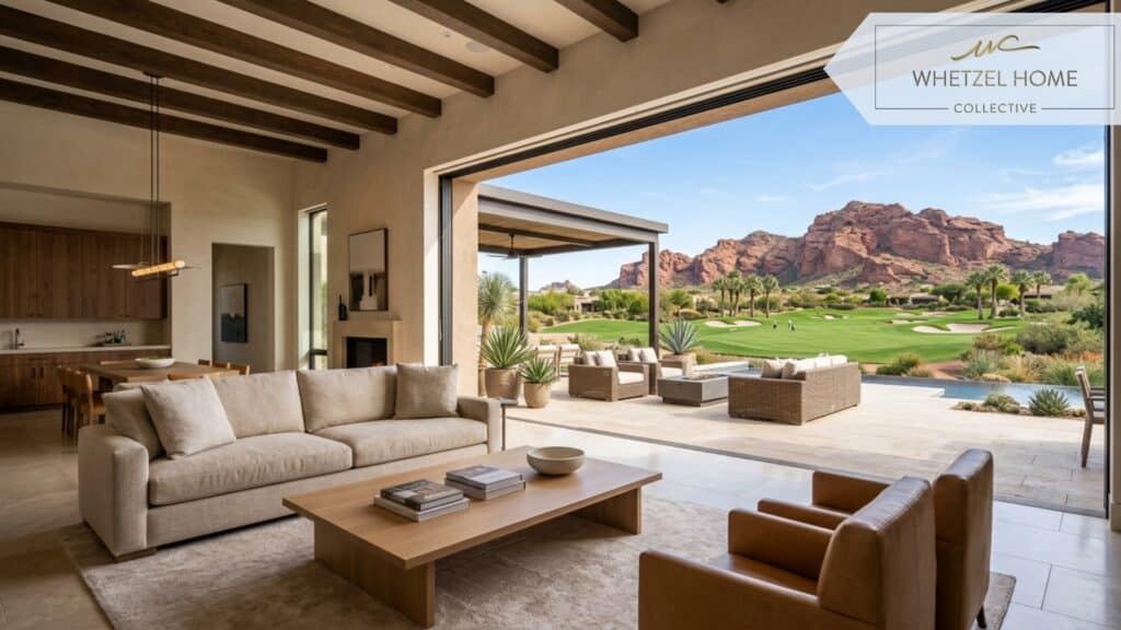 Interior view of a luxurious modern desert home living room. Floor-to-ceiling sliding glass doors are wide open, seamlessly connecting the indoor space to an outdoor patio. Outside, a pristine green golf course is visible against a backdrop of majestic red rock mountains and a clear blue sky. High-end minimalist furniture, warm neutral tones, photorealistic, architectural digest style.