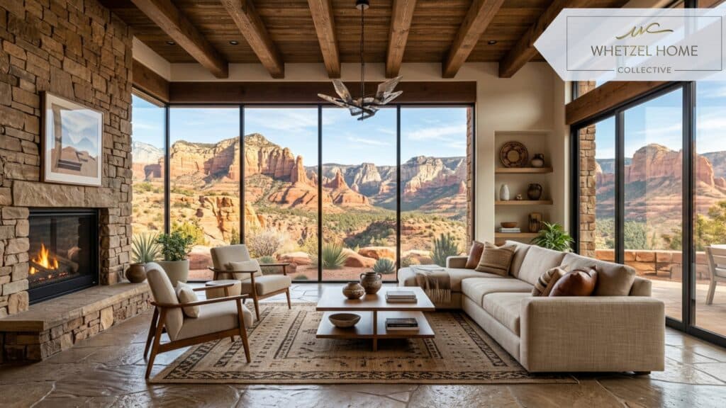 An interior shot of a luxury southwestern living room featuring expansive floor-to-ceiling windows that perfectly frame a view of rugged red rock canyons. The room has modern minimalist furniture in neutral tones, exposed wooden ceiling beams, and natural sunlight pouring in. Photorealistic, 8k, interior architectural photography.