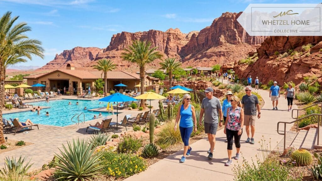 A vibrant resort-style community pool area in a desert landscape, active adults walking on a paved trail, striking red rock cliffs in the background, sunny day, clear blue sky, photorealistic, bright and welcoming mood