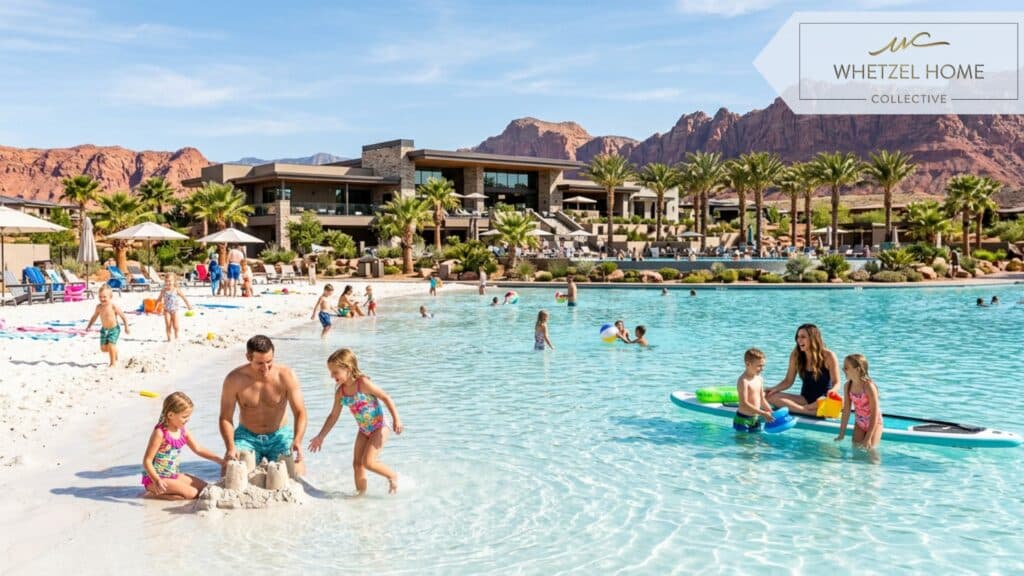 A photorealistic view of families with young kids playing around a crystal clear 2.5-acre man-made lagoon in a luxury master-planned community in Southern Utah. White sandy beaches, modern clubhouse in the background, palm trees, bright sunny day, joyful and active mood, vibrant colors, high resolution.
