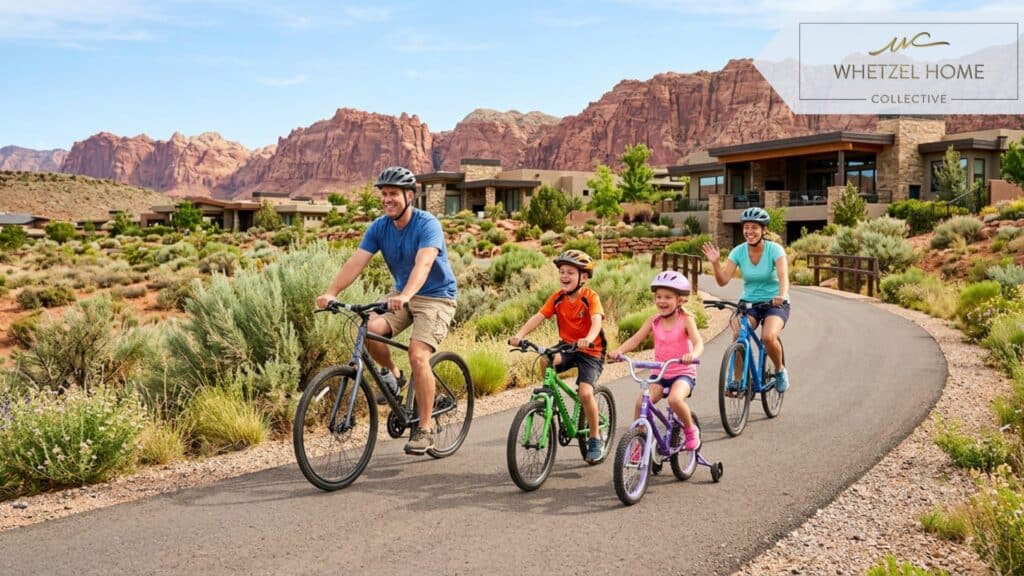 A photorealistic image of a happy family riding bicycles on a wide, beautifully paved community trail. In the background, elegant modern desert homes are visible alongside stunning red sandstone cliffs. Bright, sunny daylight, lifestyle photography, dynamic angles, high resolution.