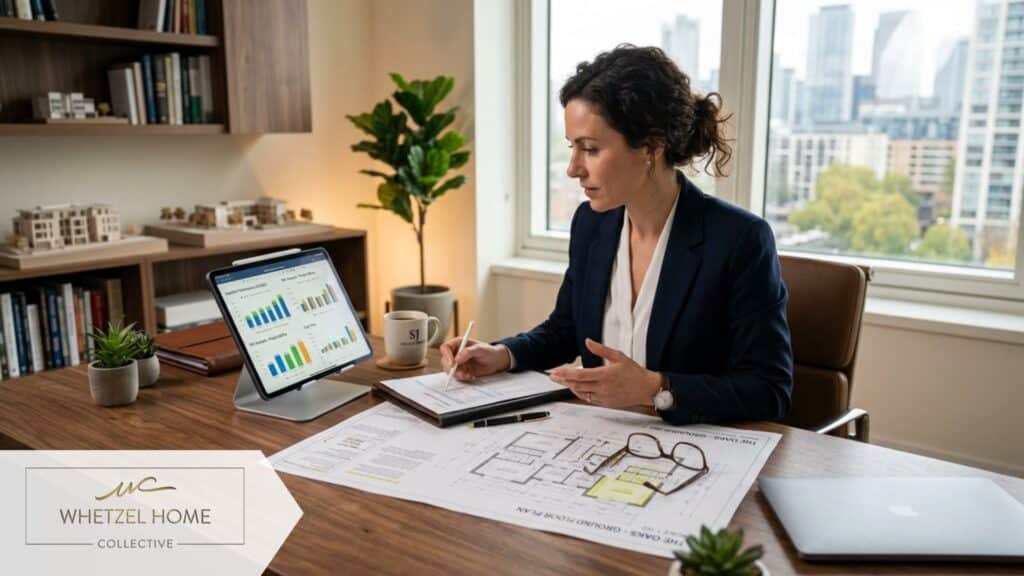 A professional real estate investor analyzing financial charts and property blueprints on a sleek wooden desk, tablet displaying graphs, soft natural light streaming through a window, warm and professional atmosphere, photorealistic.