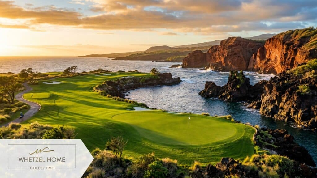 A dynamic landscape shot of a lush golf course green situated next to striking dark volcanic rock formations and red sandstone cliffs, golden hour lighting casting long shadows, photorealistic, serene atmosphere, pristine fairway.