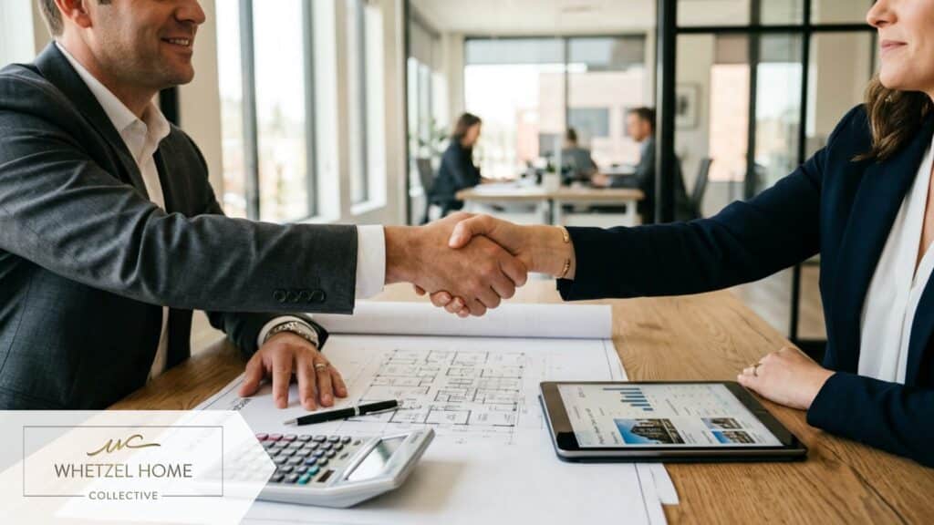 A close-up of a professional handshake across a modern office desk, featuring real estate blueprints, a calculator, and a tablet, soft natural indoor lighting, cinematic depth of field, warm professional tones.