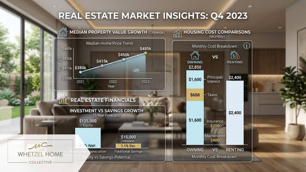 A professional real estate infographic style image showing financial charts, housing cost comparisons, and median property value graphs overlaid on a blurred background of a beautiful home interior. Bright natural lighting, clean and modern aesthetic, high-end professional rendering.