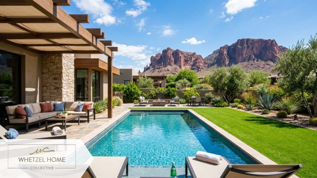An inviting outdoor living space in a desert home backyard. A pristine swimming pool reflecting the clear blue sky, surrounded by a manicured green lawn and subtle desert landscaping. A modern patio setup with comfortable seating, vibrant red rock mountains visible in the distance. Photorealistic, bright and sunny atmosphere, highly detailed.