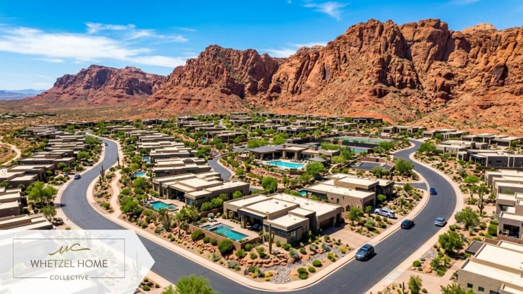 An aerial drone perspective of a high-end suburban community in the desert Southwest. Luxurious homes feature flat roofs and beautifully xeriscaped yards with native drought-tolerant plants, nestled directly at the base of majestic red sandstone mountains. Midday lighting, hyper-realistic, vibrant color contrasts between the red rocks and blue sky.