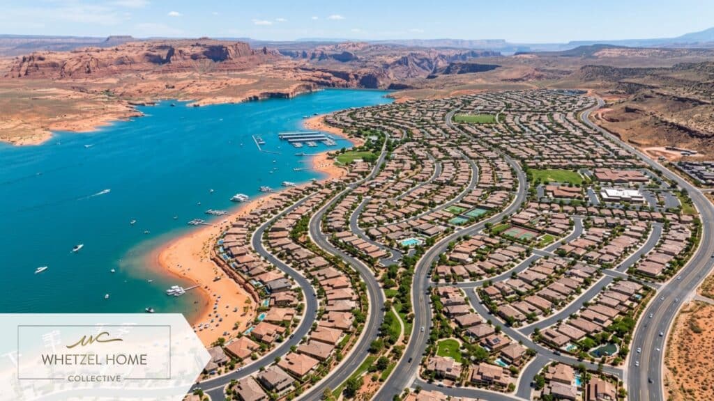An overhead drone-style view of a sprawling master-planned residential community situated next to a large vibrant blue water reservoir, featuring red sandy beaches and red rock formations in the distance, highly detailed, bright sunny day, clear atmospheric lighting.