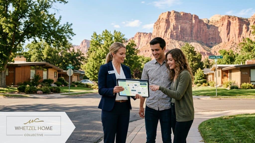 A professional real estate agent and a young couple looking at an interactive map on a digital tablet outdoors on a sunny suburban street, mid-century modern houses in the background, red sandstone cliffs in the distance, high-resolution photography, warm cinematic lighting.