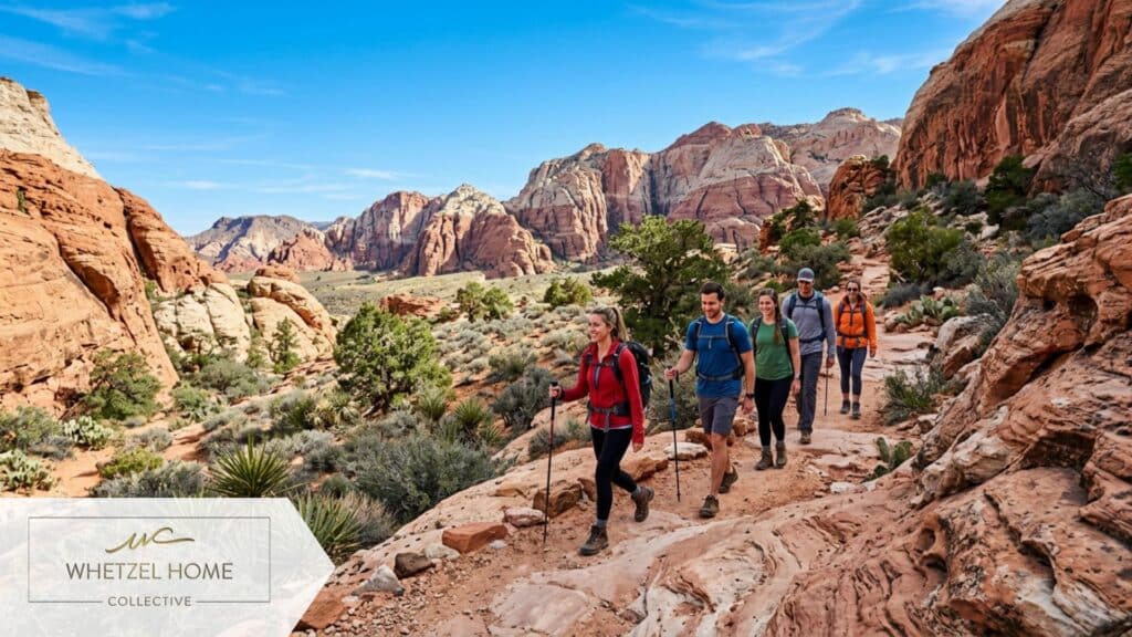 A group of hikers walking along a scenic red and white sandstone trail in a desert environment similar to Snow Canyon under a vibrant clear blue sky. Cinematic lighting, native desert flora like sagebrush and yucca, ultra-detailed textures on the rocks, photorealistic, uplifting and active mood.