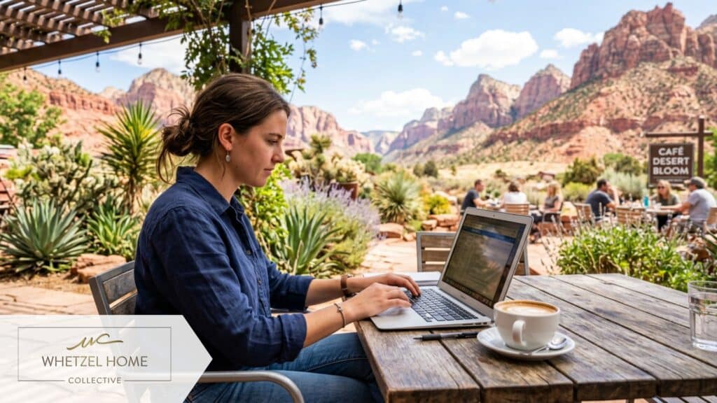 A young professional casually dressed, working intently on a silver laptop while sitting at an outdoor cafe patio. A cup of coffee rests on the table. The background showcases vibrant desert landscaping and the scenic red rock mountains of southern Utah on a bright sunny day. High resolution, shallow depth of field.