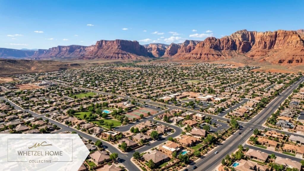 A scenic aerial view of a sprawling residential neighborhood in southern Utah, beautiful red rock formations in the distance, sunny day with clear blue skies, sharp focus, 8k resolution.