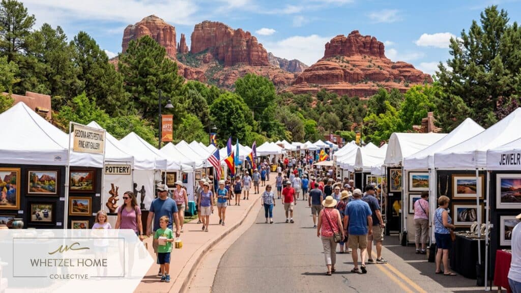 A bustling outdoor street festival with white vendor tents displaying diverse artwork, surrounded by green trees and distant red rock mountains, families walking and enjoying the sunny weather, bright midday natural lighting, photorealistic.