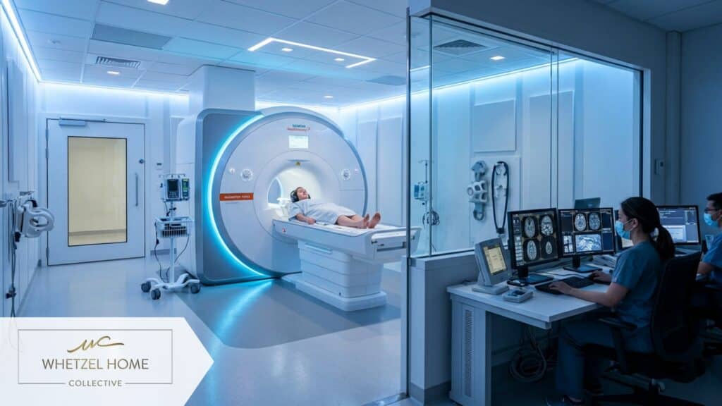 An advanced medical imaging room featuring a modern MRI machine, cool blue and white clinical lighting, sterile and high-tech environment, photorealistic, cinematic lighting, state-of-the-art healthcare technology.