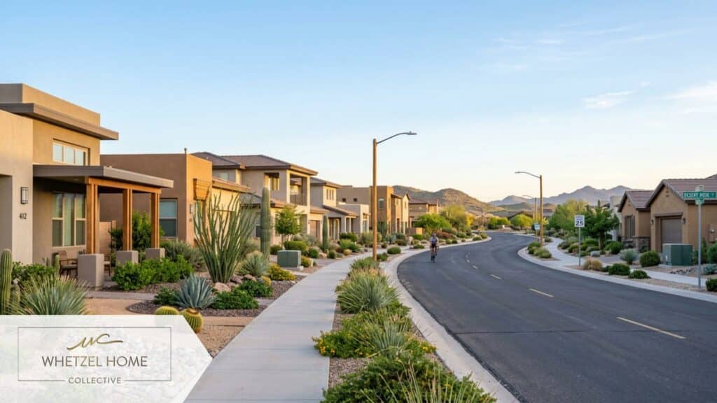 A picturesque suburban neighborhood street in the desert southwest during early morning light, featuring pristine pristine sidewalks, neatly landscaped drought-tolerant front yards, and modern stucco homes. Peaceful mood, crisp natural lighting, highly realistic architectural photography.