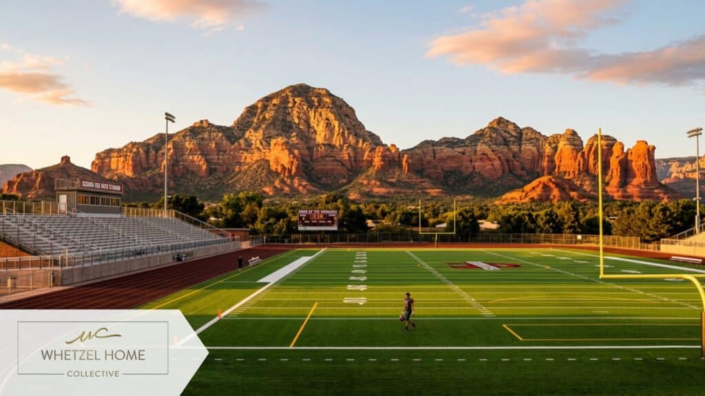 A well-maintained high school football stadium with artificial turf. Stunning red rock mountains loom dramatically in the background. Golden hour lighting casting warm tones across the field, empty bleachers, cinematic composition, hyper-realistic, 8k.