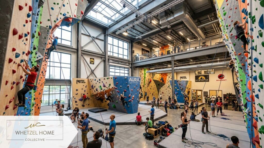 A wide-angle, highly detailed interior shot of a massive, state-of-the-art indoor rock climbing facility. Climbers scaling colorful walls in a bright, beautifully lit, air-conditioned environment. Modern industrial architecture, energetic mood, photorealistic.