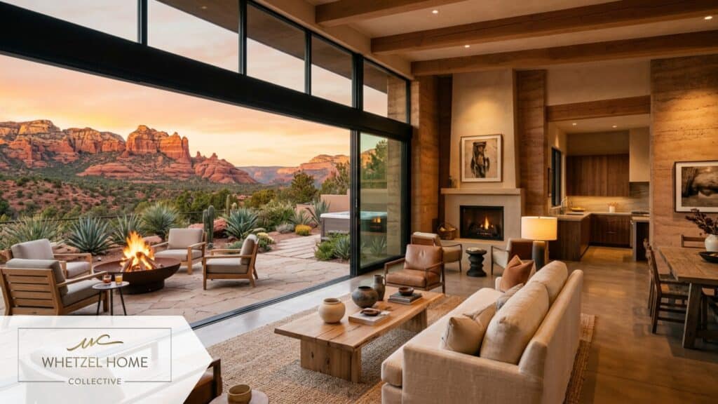 A luxurious modern desert home interior, large floor-to-ceiling sliding glass doors open to a serene patio with a fire pit, red rock landscape visible in the background, golden hour lighting, architectural digest aesthetic, photorealistic, warm earthy tones.