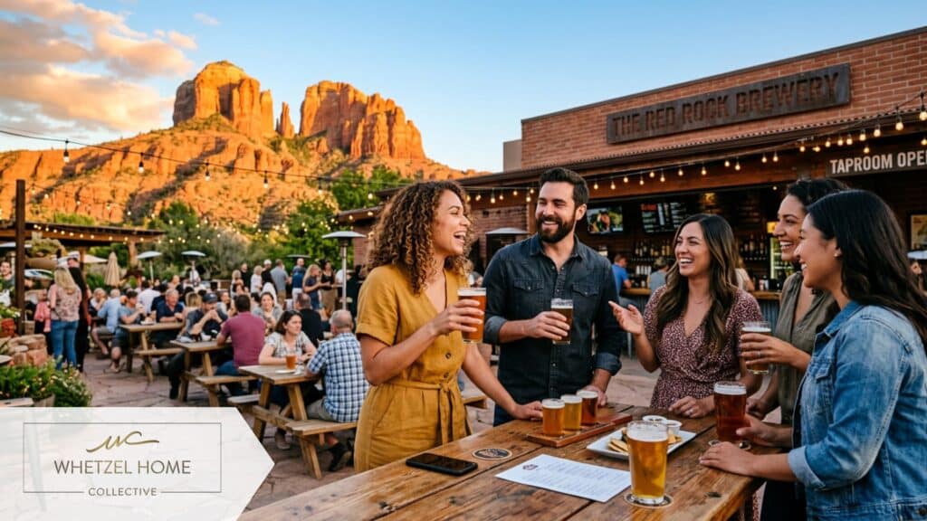A lively outdoor patio at a microbrewery or cafe during golden hour. A group of stylish young professionals are laughing and networking, holding craft beverages. In the background, majestic red rock cliffs under a clear blue sky. Warm sunset lighting, candid and energetic vibe, highly detailed, photorealistic.